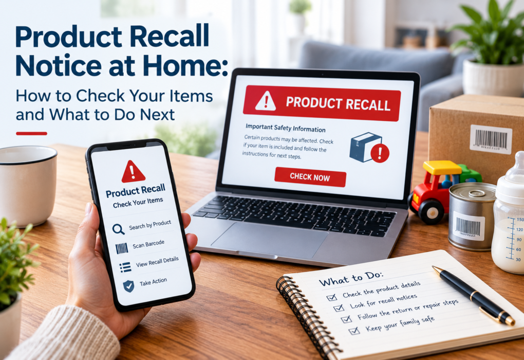 Checking product recall notices on a smartphone and laptop to verify product safety.