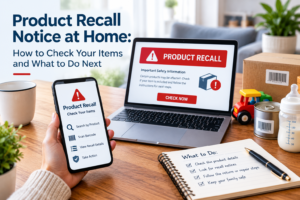 Checking product recall notices on a smartphone and laptop to verify product safety.