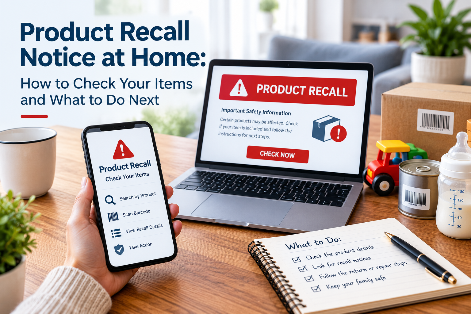 Checking product recall notices on a smartphone and laptop to verify product safety.